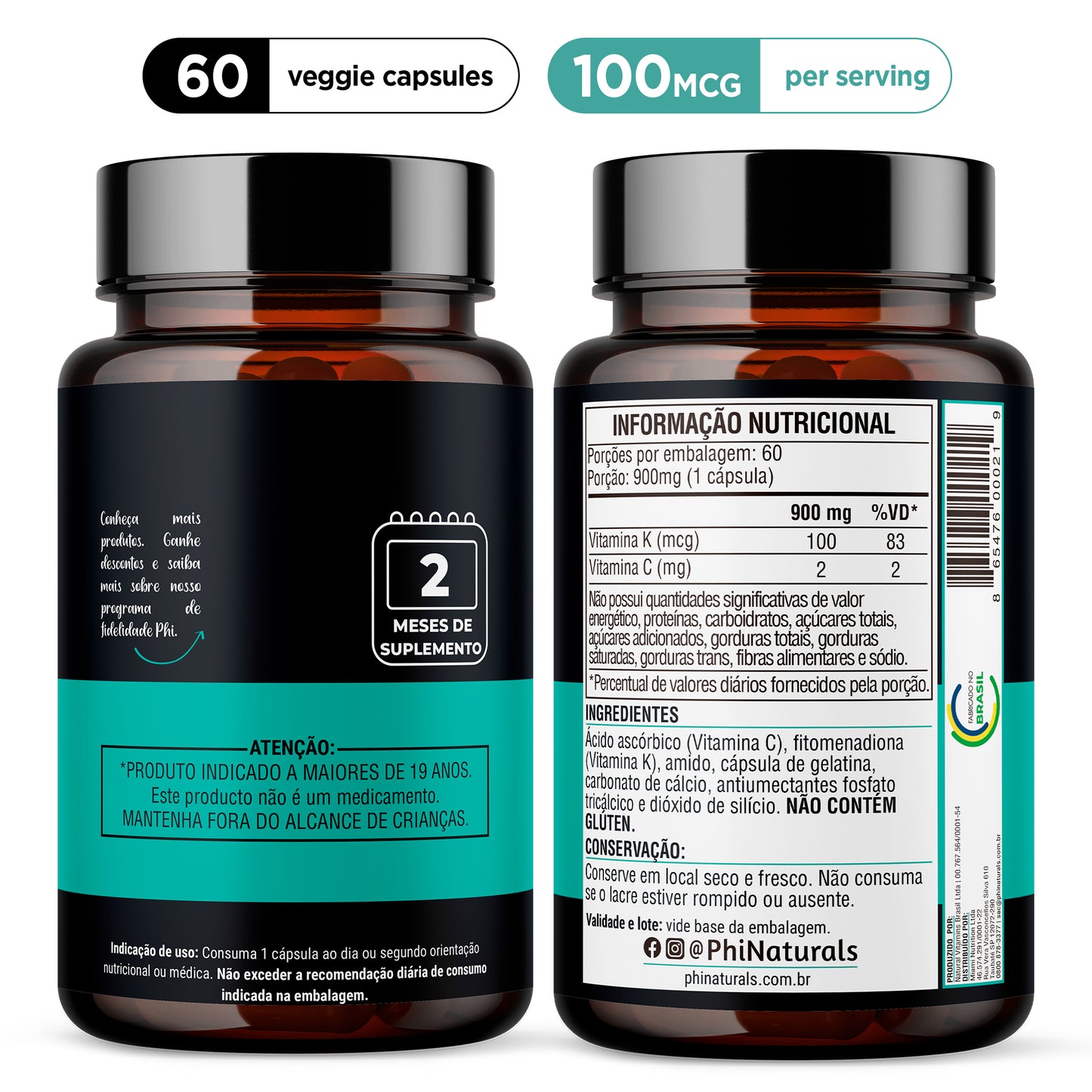PhiNaturals Vitamina K2 MK-7 100mcg – 60 doses (vegano - fermentação de natto)